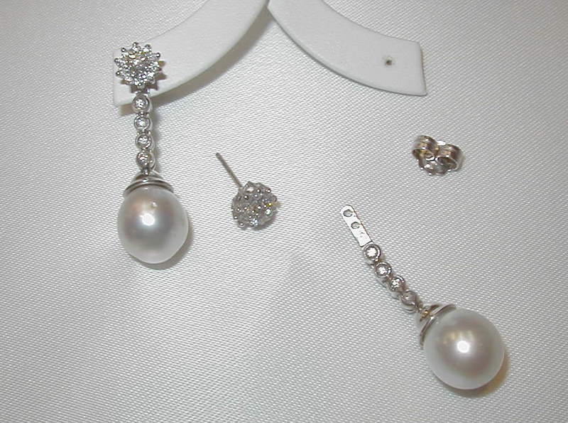 Joyas oro blanco PENDIENTES DIAMANTES COLGANTES PERLAS AUSTRALIANAS, DESMONTABLES - Imagen 2